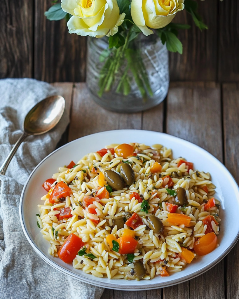 Tossing the cooked orzo pasta with vegetables and dressing for Orzo Pasta Salad.