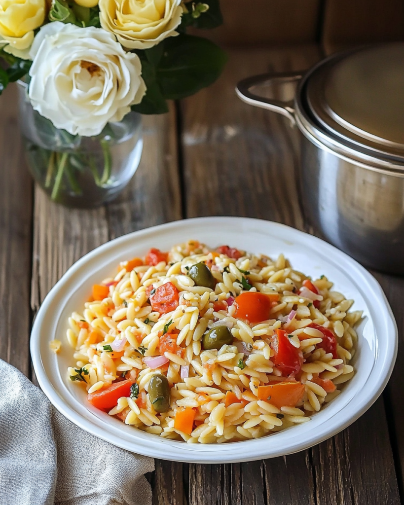 Individual servings of Orzo Pasta Salad on plates at a picnic or party setting.