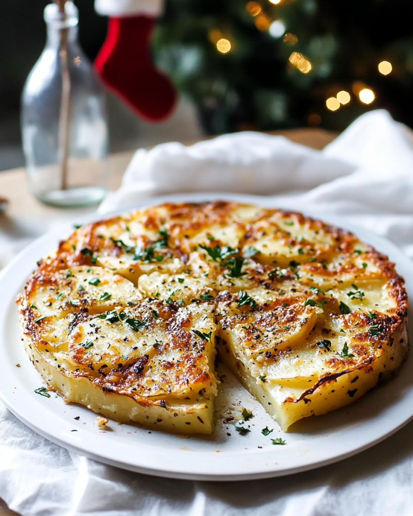 Ingredients for Garlic Parmesan Potato Cake, including sliced potatoes, Parmesan cheese, butter, garlic, and seasonings.
