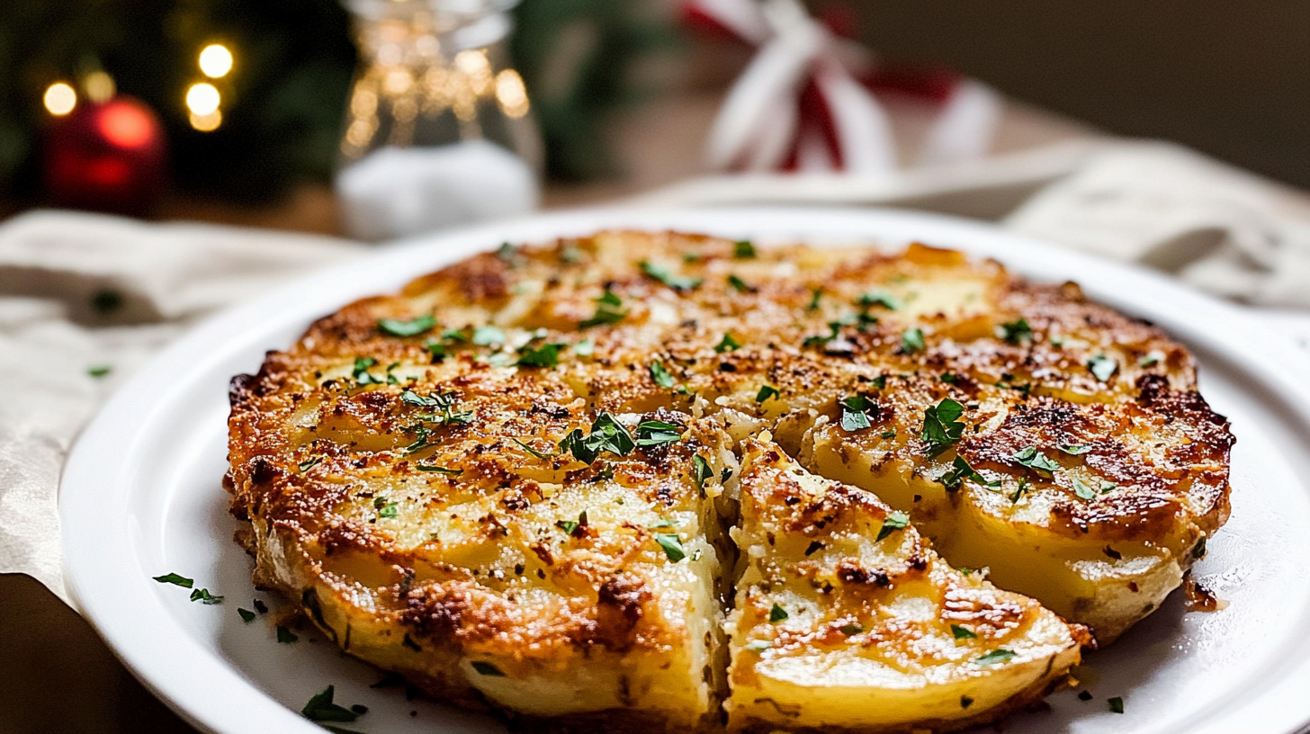 A golden-brown baked Garlic Parmesan Potato Cake showing the layered potato slices.