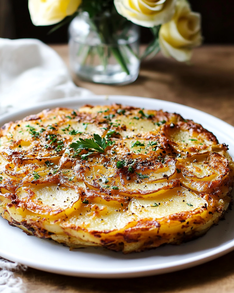 Layering the seasoned potato slices in a ring mold for the Garlic Parmesan Potato Cake.