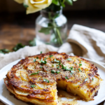 A slice of Garlic Parmesan Potato Cake on a plate, served as a side dish.