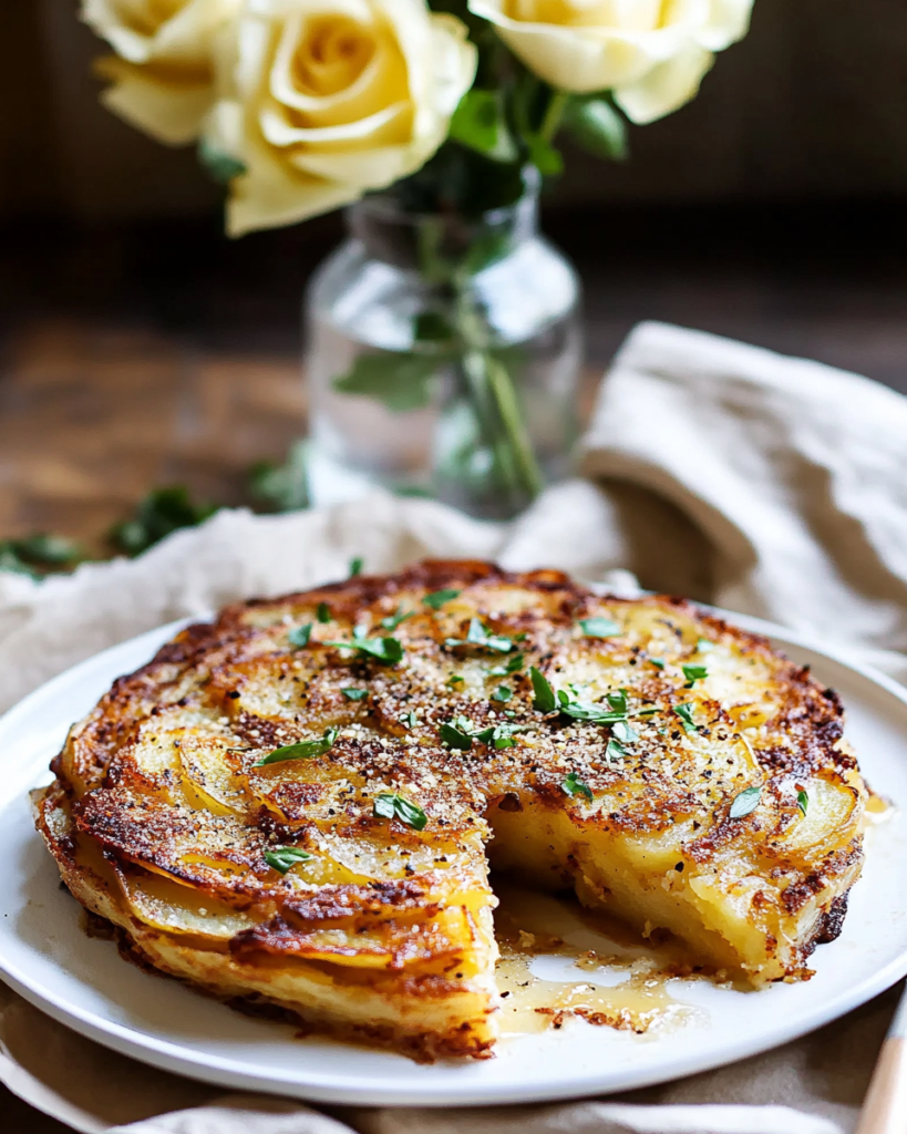 A slice of Garlic Parmesan Potato Cake on a plate, served as a side dish.