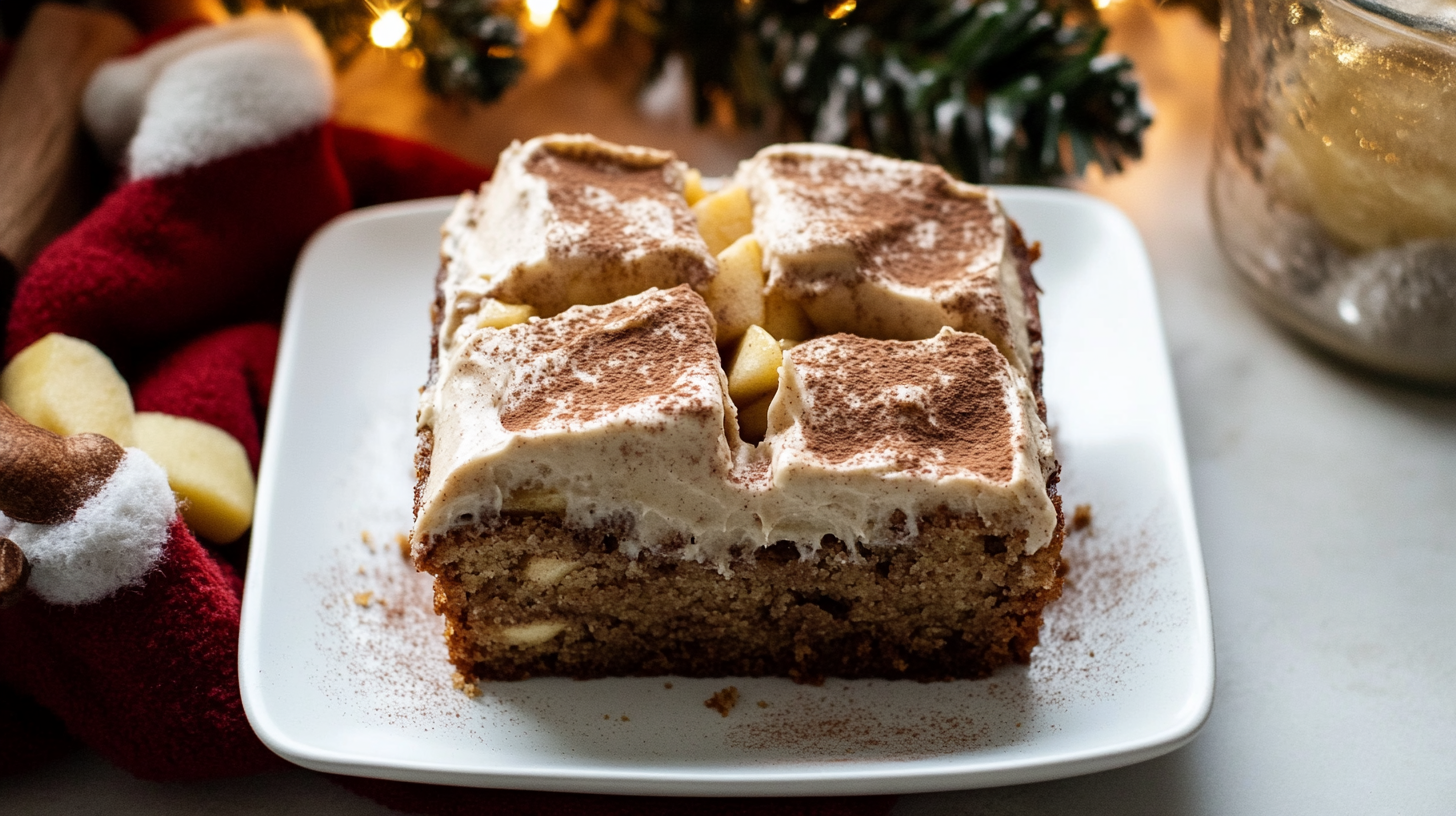 A slice of Apple Cinnamon Banana Bread Snack Cake showing apple chunks and cinnamon cream cheese frosting.