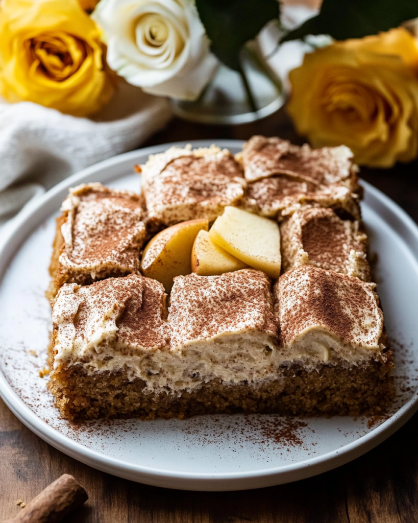 The frosted Apple Cinnamon Banana Bread Snack Cake in an 8x8 pan, cut into squares.