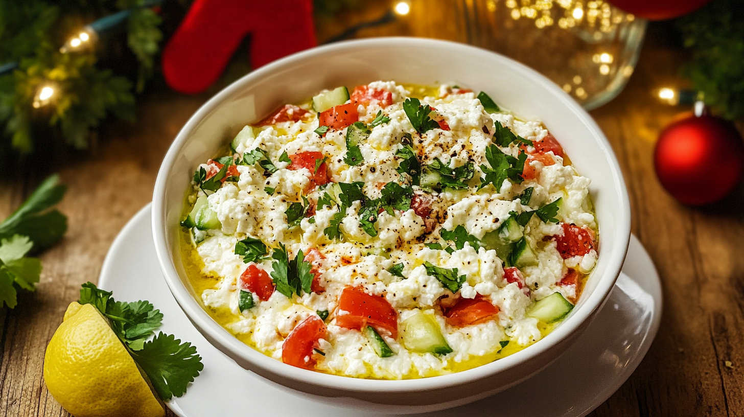 A creamy white bowl of Whipped Feta Dip mixed with colorful diced vegetables, garnished with cilantro.