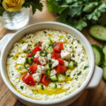 Whipped Feta Dip served in a bowl with pita bread and vegetable sticks for dipping.