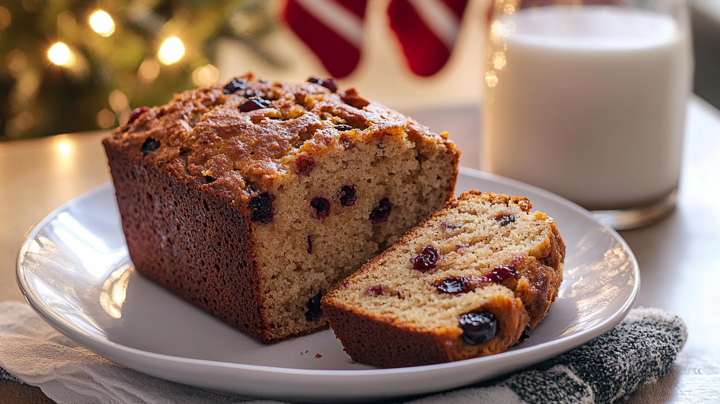 A slice of Orange Cranberry Bread showing cranberries and orange zest flecks, perhaps on a plate with tea.