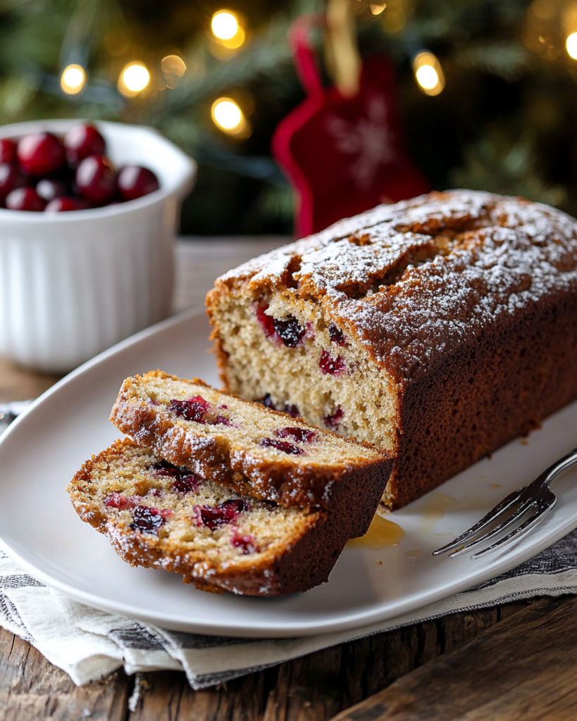 The whole loaf of Orange Cranberry Bread, possibly dusted with powdered sugar, on a cutting board.