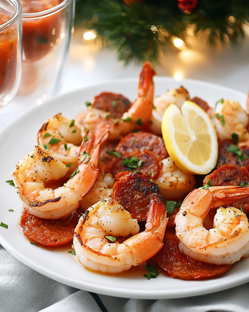 Assembling the shrimp and chorizo onto skewers for Shrimp and Chorizo Appetizers.