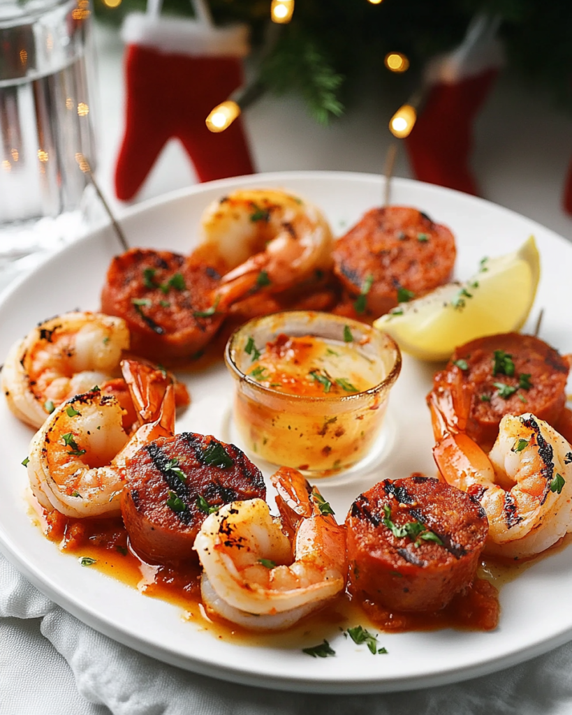 Ingredients for Shrimp and Chorizo Appetizers, including shrimp, Spanish chorizo, red bell peppers, garlic, and herbs.