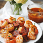 A platter of Shrimp and Chorizo Appetizers ready for a party.