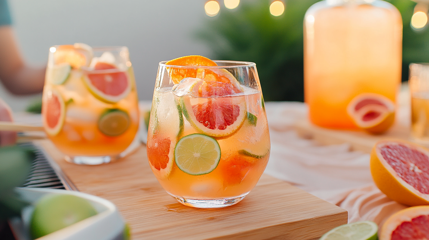 A glass pitcher filled with light pink Pink Grapefruit Sangria, packed with ice and citrus slices.
