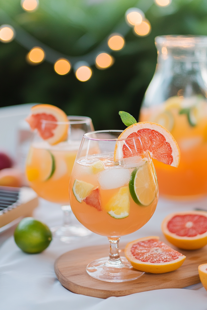 Ingredients for Pink Grapefruit Sangria, including grapefruit juice, pineapple juice, sparkling wine, peach schnapps, St. Germain, grapefruit, and lime.