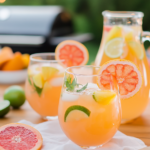 Pouring sparkling wine into a pitcher with juices and fruit slices for Pink Grapefruit Sangria.