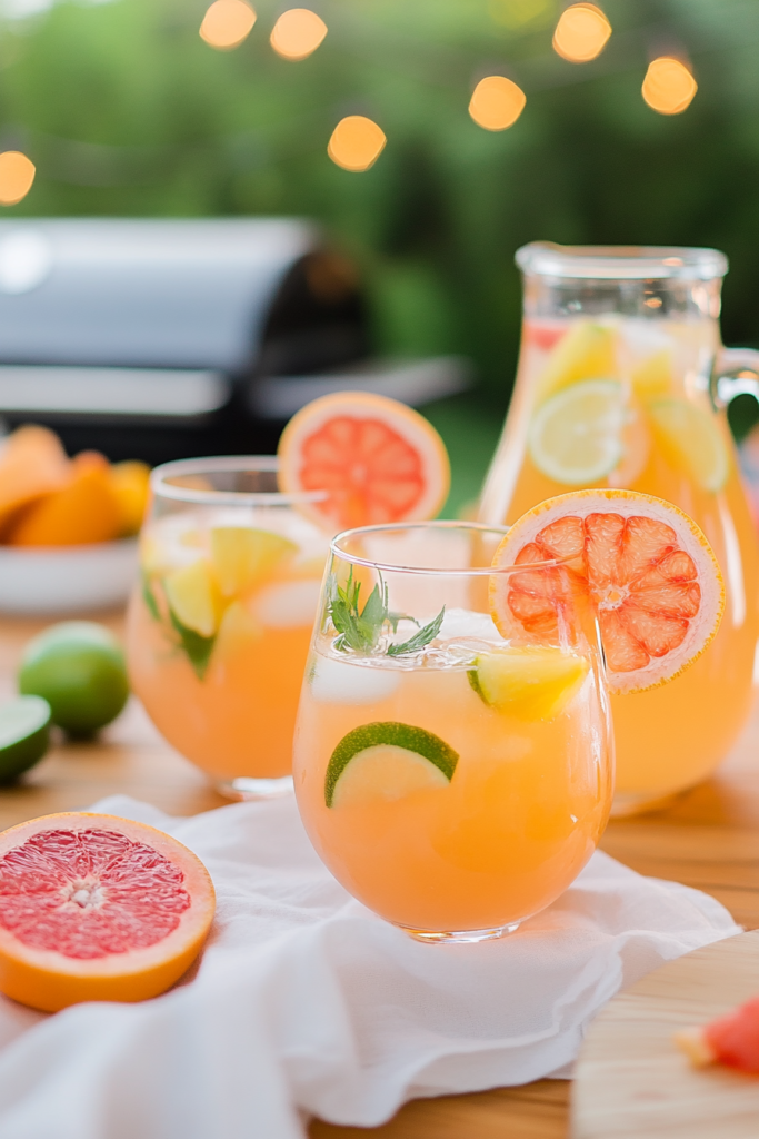 Pouring sparkling wine into a pitcher with juices and fruit slices for Pink Grapefruit Sangria.