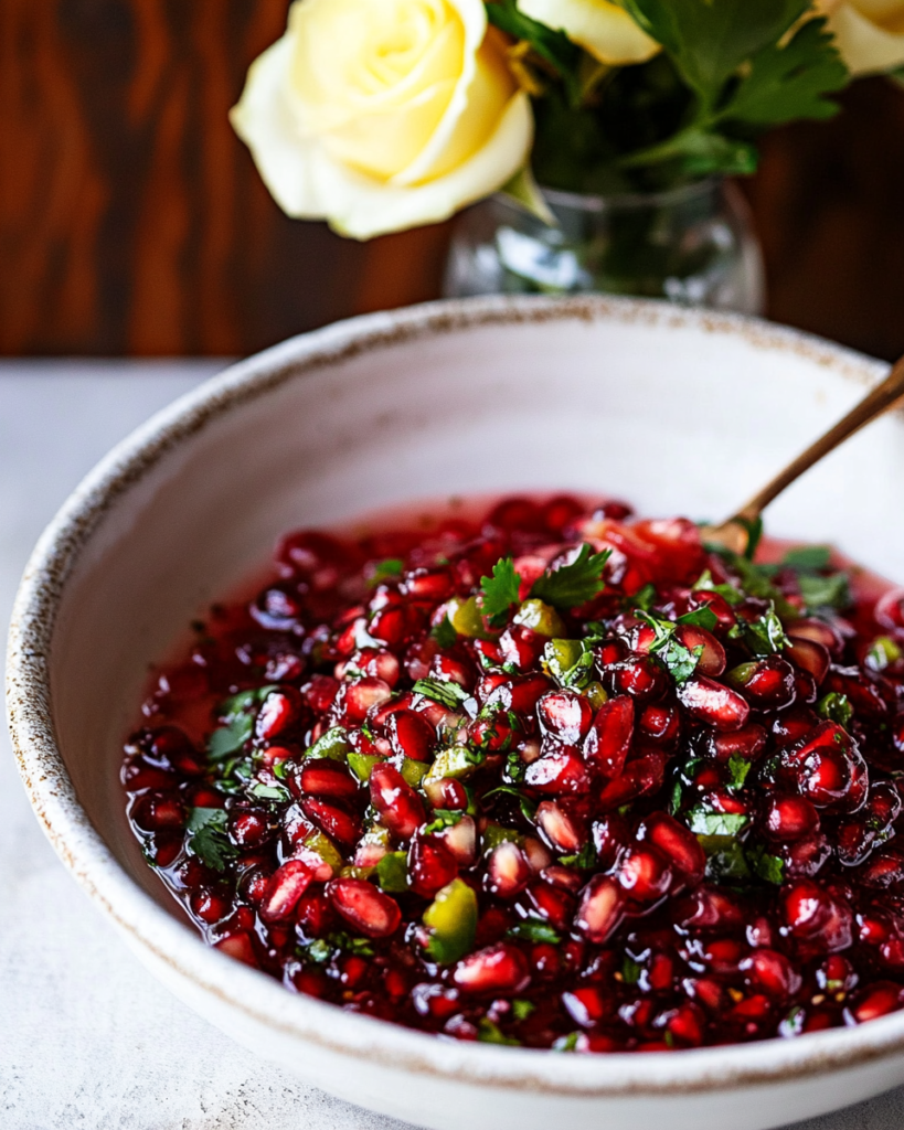 Ingredients for Fresh Pomegranate Relish, including pomegranates, cilantro/parsley, jalapeño, lemon, honey, and olive oil.