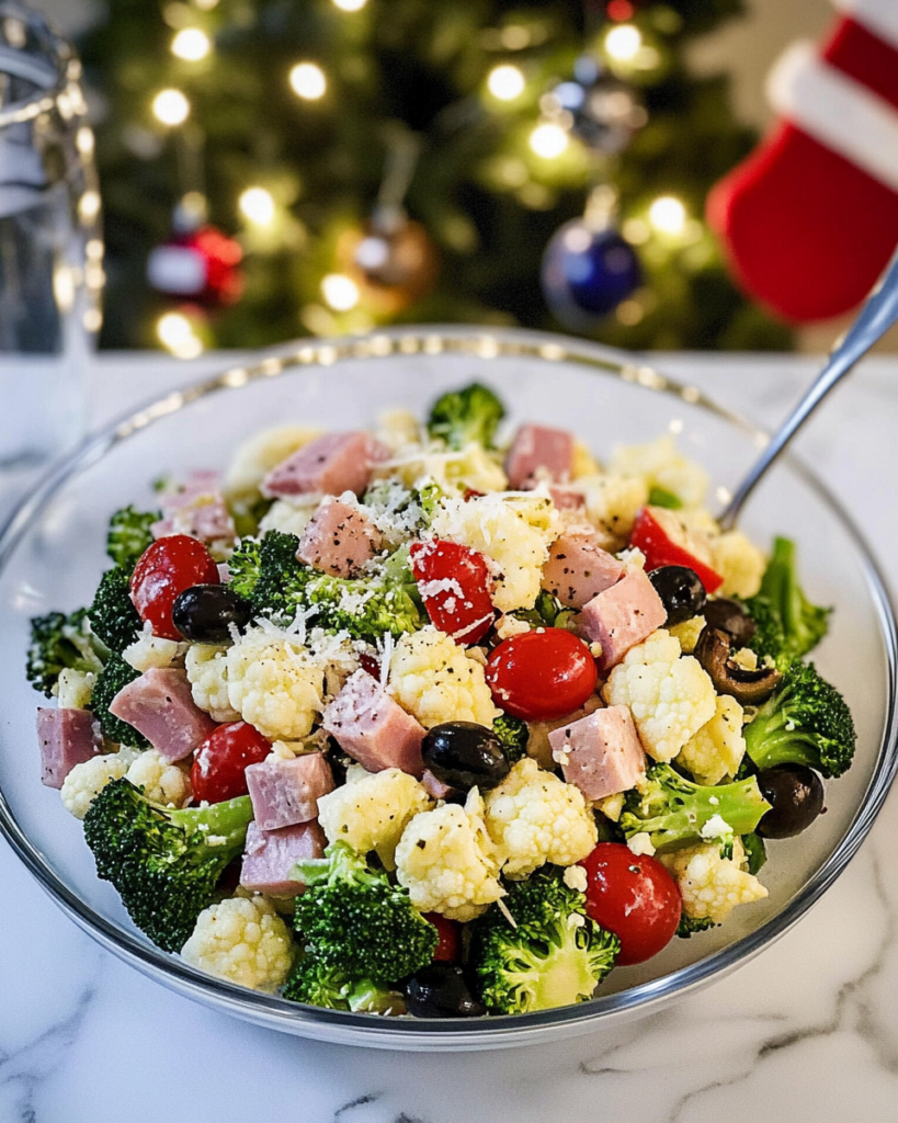 Tossing the chopped vegetables, ham, and cheese with vinaigrette for Broccoli Cauliflower Salad.