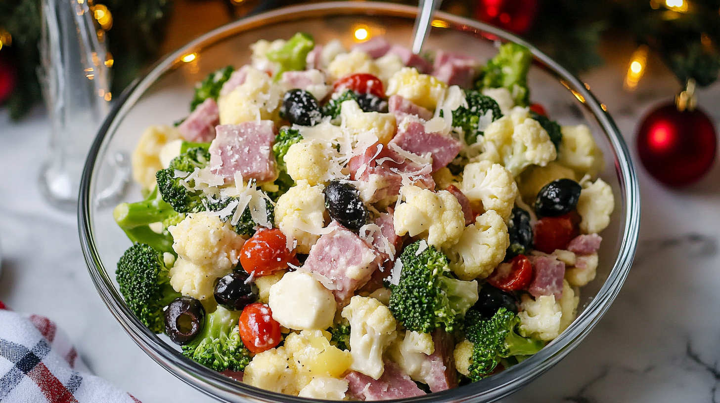 A colorful bowl of Broccoli Cauliflower Salad with ham, cheese, tomatoes, and olives.