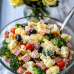 Ingredients for Broccoli Cauliflower Salad, including fresh broccoli, cauliflower, ham, cheese, tomatoes, olives, and dressing components.