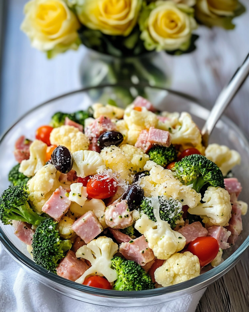 Ingredients for Broccoli Cauliflower Salad, including fresh broccoli, cauliflower, ham, cheese, tomatoes, olives, and dressing components.