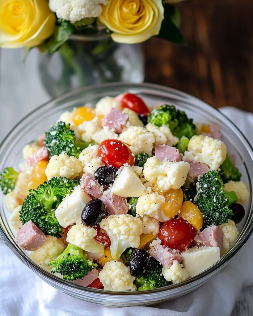 Individual meal prep containers filled with Broccoli Cauliflower Salad.