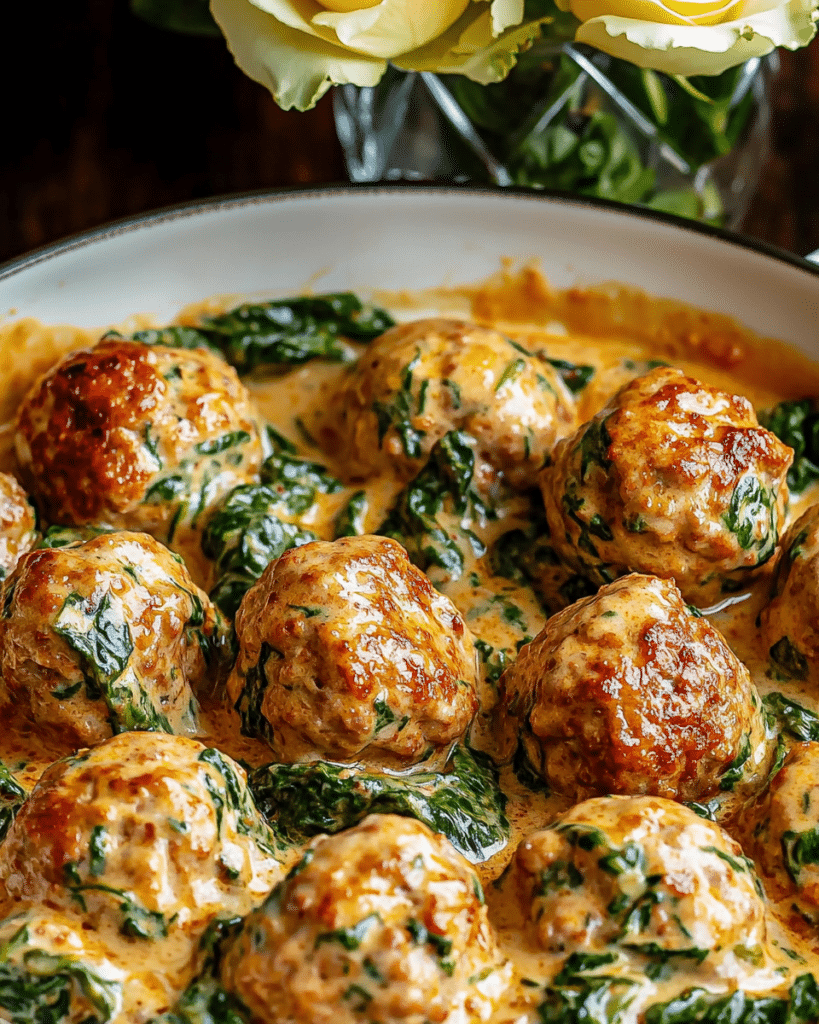 Creamy Spinach Turkey Meatballs served over pasta or rice.