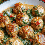 Cooking the turkey meatballs in the skillet for Creamy Spinach Turkey Meatballs.