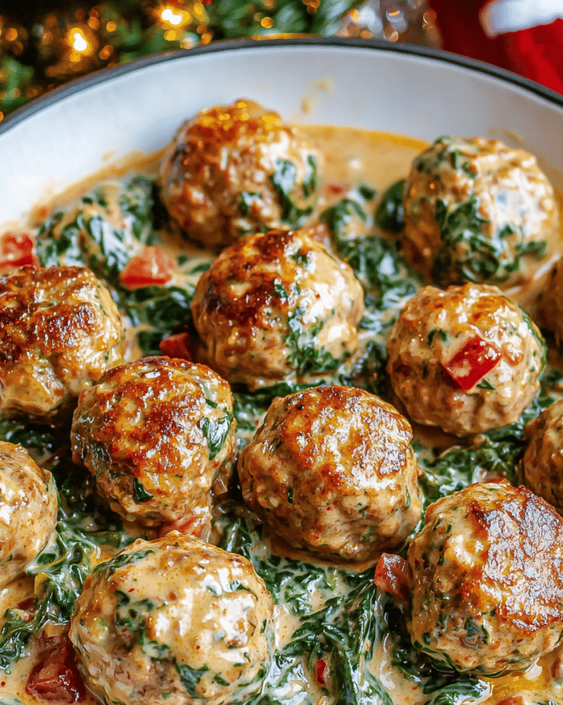 Cooking the turkey meatballs in the skillet for Creamy Spinach Turkey Meatballs.