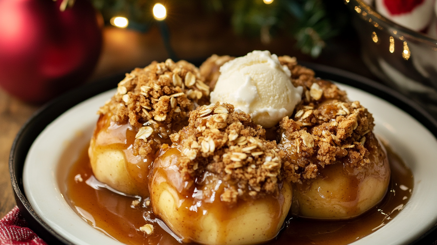 Warm Baked Apples with Crumble topping in a baking dish, possibly with ice cream.