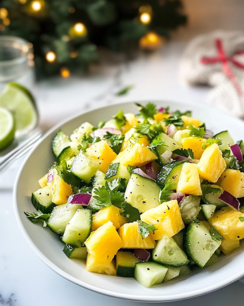 Tossing the diced pineapple, cucumber, jalapeño, and onion with lime juice and cilantro for Pineapple Cucumber Salad.