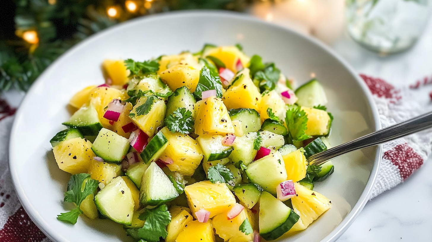A vibrant bowl of Pineapple Cucumber Salad showing diced pineapple, cucumber, red onion, jalapeño, and cilantro.