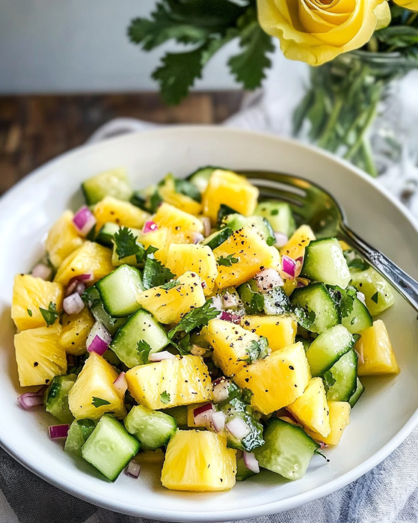 Pineapple Cucumber Salad served as a side dish at a barbecue or summer gathering.