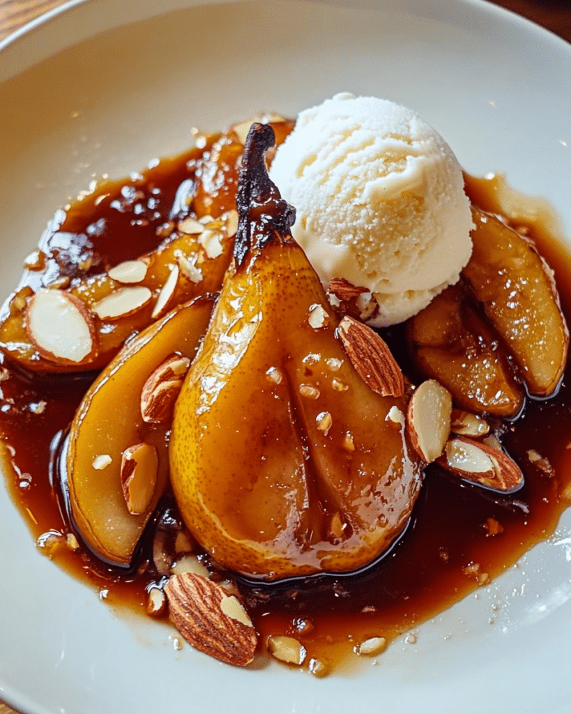 A close-up of Roasted Pears with Salty Caramel Sauce served with a scoop of vanilla ice cream.