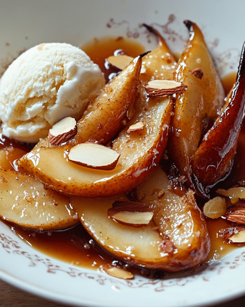 Pears searing cut-side down in a skillet for Roasted Pears with Salty Caramel Sauce.