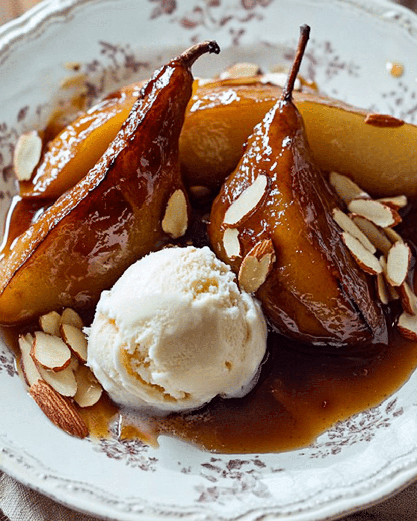 Ingredients for Roasted Pears with Salty Caramel Sauce, including Bosc pears, brown sugar, butter, spices, and almonds.