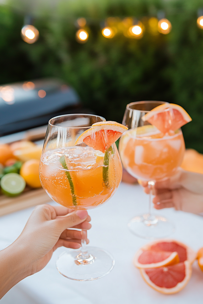 Wine glasses filled with Pink Grapefruit Sangria, garnished with grapefruit slices.