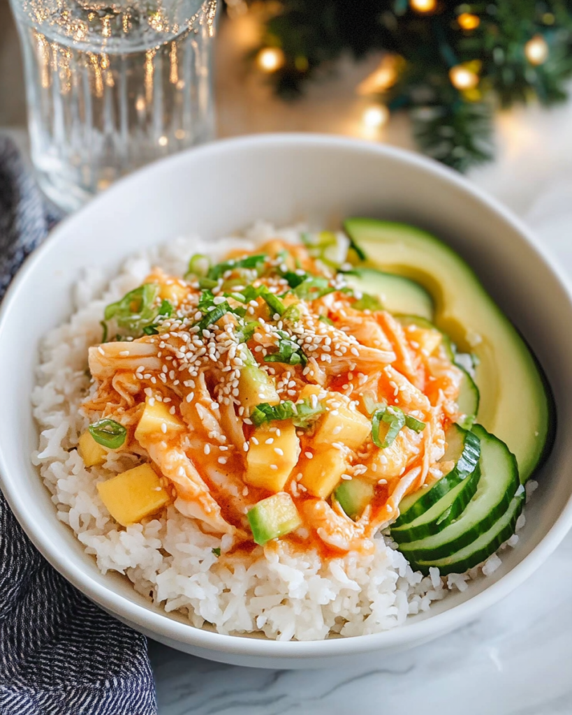 Ingredients for Crab Rice Bowl, including imitation crab sticks, rice, mango, cucumber, avocado, and dressing components.