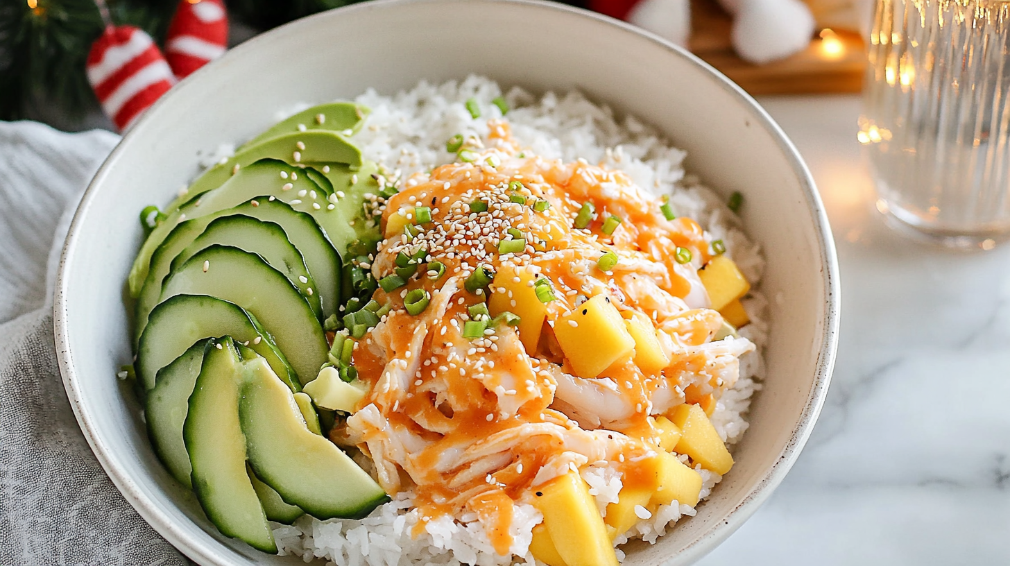 A vibrant Crab Rice Bowl showing rice topped with creamy crab salad, mango, cucumber, avocado, and scallions.