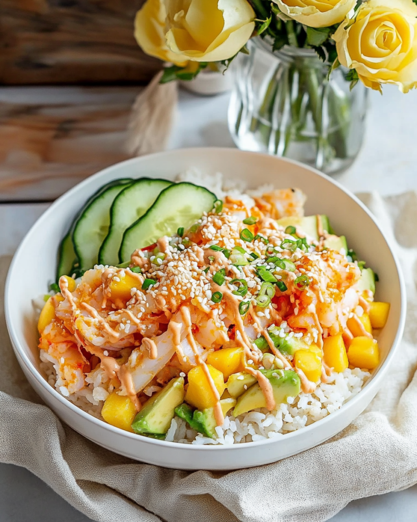 A close-up of the Crab Rice Bowl with all the toppings and garnishes.