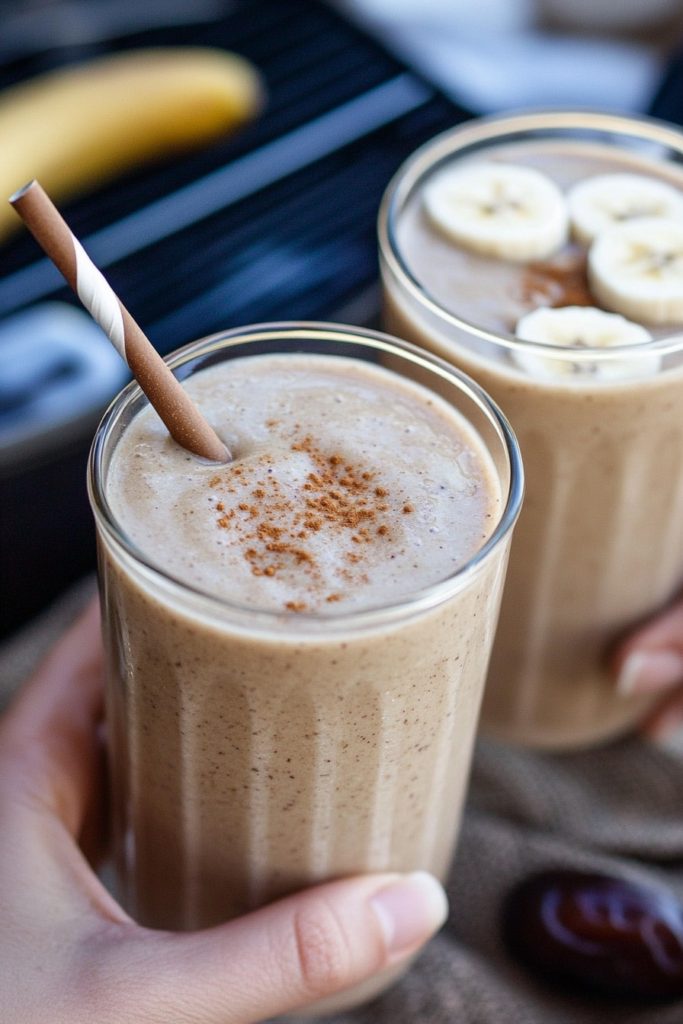 Someone enjoying the Chai Tea Smoothie for breakfast, perhaps with oats or fruit nearby.