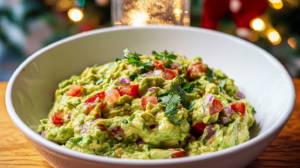 A vibrant bowl of chunky Homemade Guacamole, garnished with cilantro.