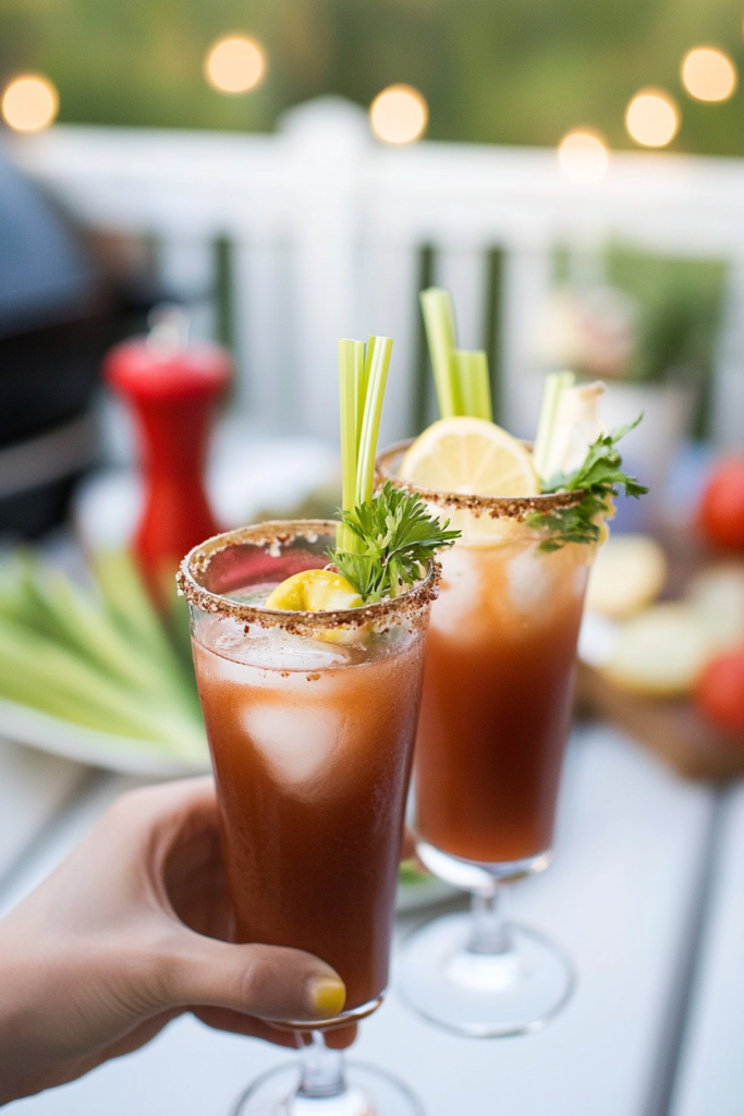 A Caesar Cocktail garnished elaborately with celery, olives, and lime on a bar or table.