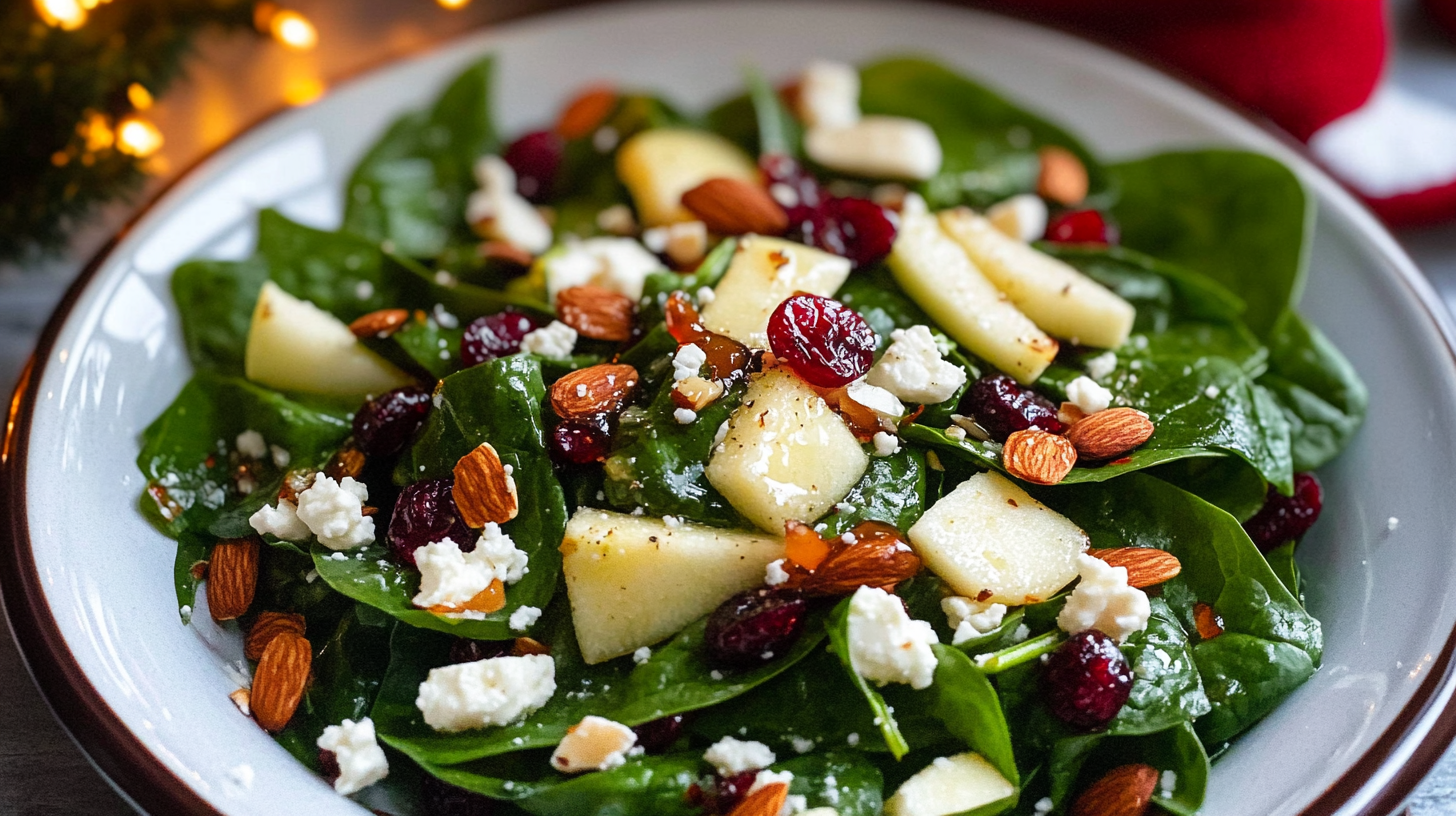 A vibrant bowl of Apple Feta Spinach Salad with apples, cranberries, almonds, and feta cheese.