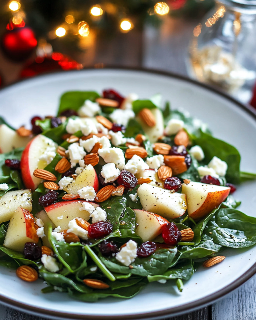 Crunchy Apple Feta Spinach Salad (Easy Vinaigrette!) 10 Ingredients for Apple Feta Spinach Salad, including baby spinach, apple, dried cranberries, almonds, feta, and dressing components.