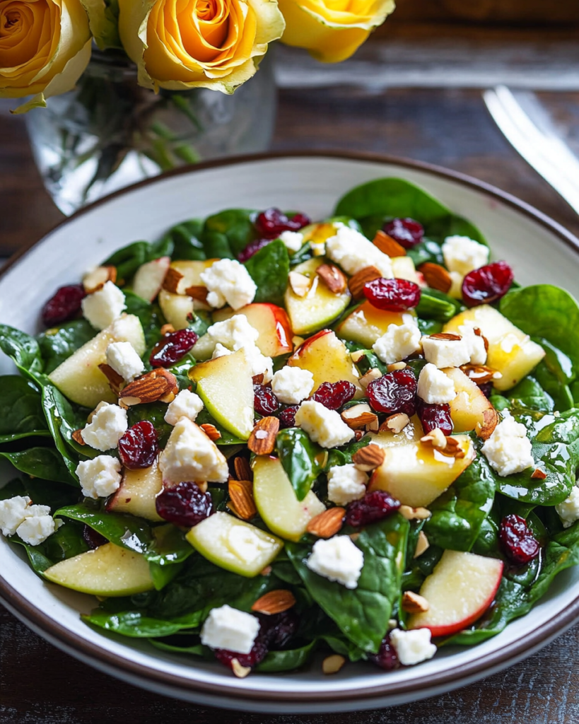 Tossing the Apple Feta Spinach Salad ingredients with the vinaigrette in a large bowl.