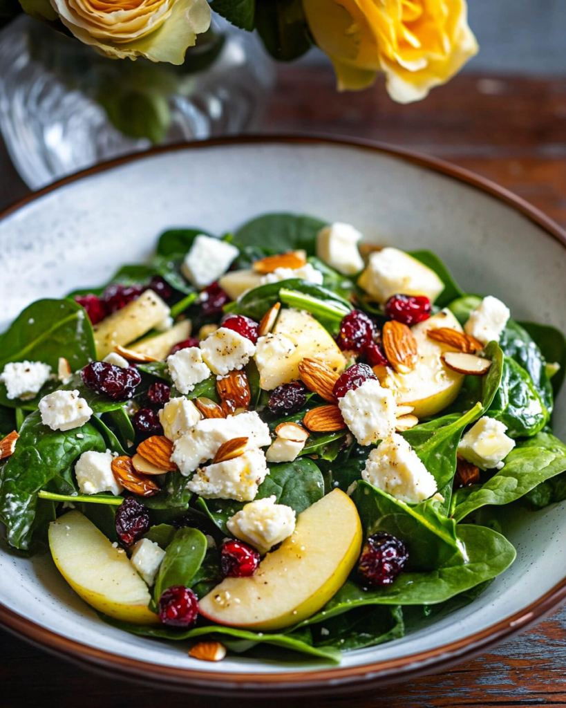An individual serving of Apple Feta Spinach Salad on a plate.