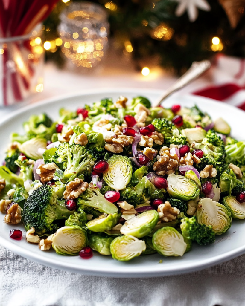 Ingredients for Broccoli Brussels Sprout Salad, including shredded Brussels sprouts, broccoli florets, walnuts, pomegranate seeds, feta (optional), and dressing components.  