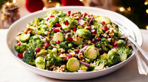 A large colorful bowl of Broccoli Brussels Sprout Salad with pomegranate seeds and walnuts.