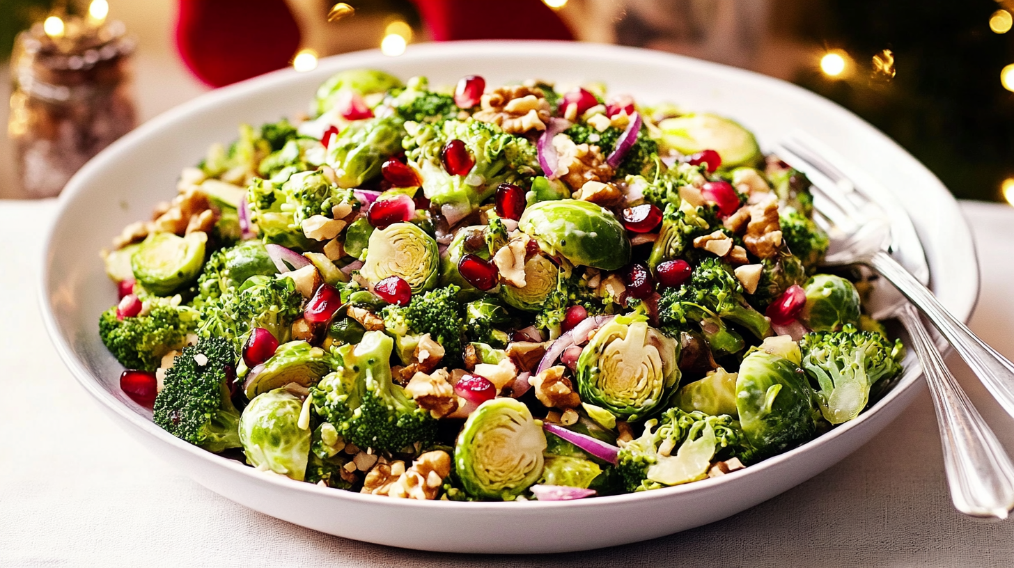 A large colorful bowl of Broccoli Brussels Sprout Salad with pomegranate seeds and walnuts.